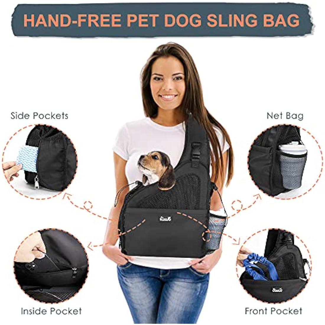 Nasjac Pet Dog Sling Carrier, Hands Free Papoose Front Carrier Small Dog Puppy Walking Breathable Mesh Hard Bottom Support Adjustable Padded Strap Pocket Safety Belt Travel Bag Washable