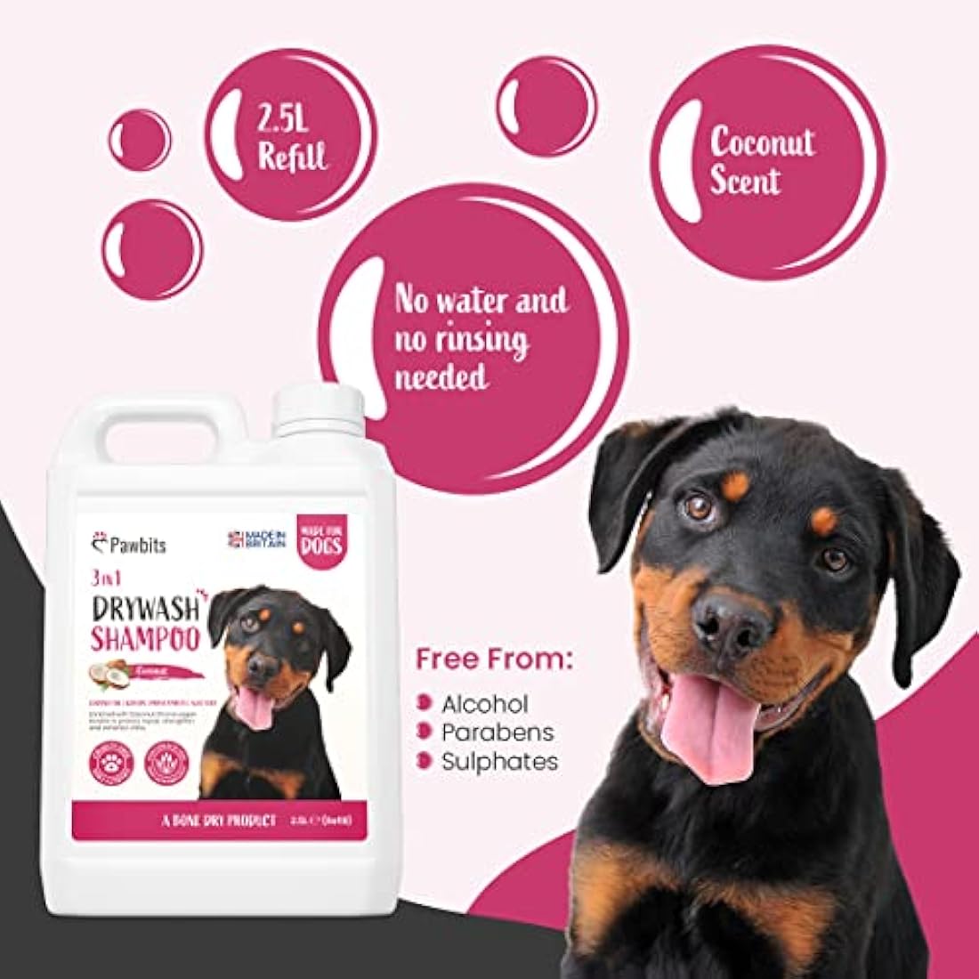 Pawbits Drywash Shampoo for Dogs - Puppy Friendly 3-in-1 Dry Shampoo to Clean, Condition & Detangle – No Water Required (Coconut - 2.5L)