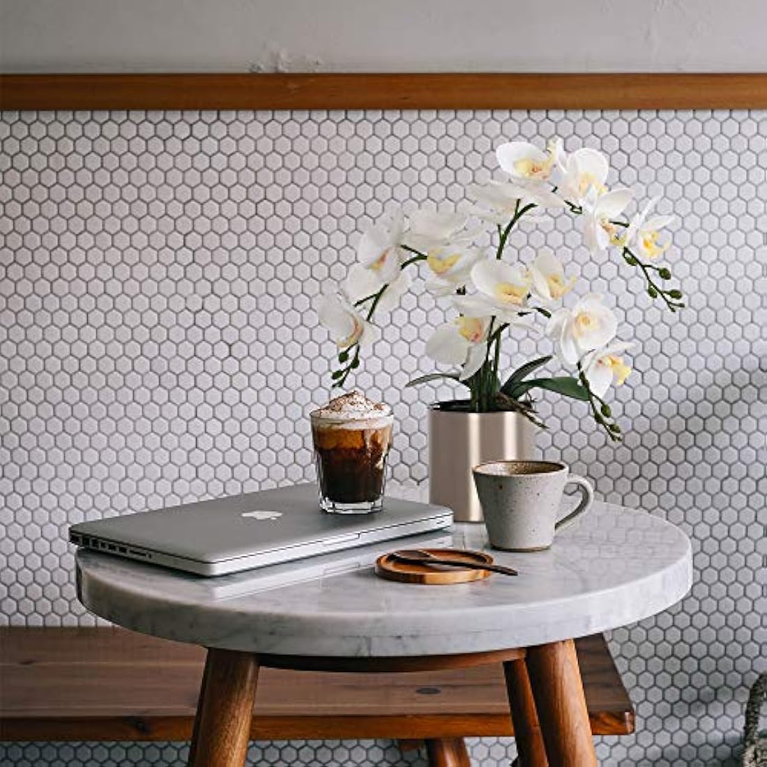 LESING Artificial Orchid Flower with Vase, White Orchid Bonsai Faux Orchid Phalaenopsis Plant Pot Arrangements for Home Decoration (White,Silver Vase)