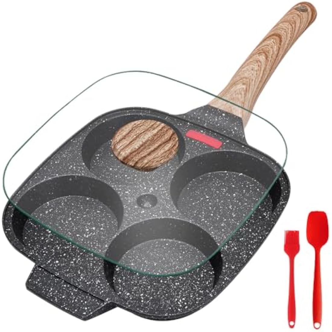 Bobikuke Pancake Pan Non Stick, 4 Hole Egg Frying Pan with Lid Burger Pan Multi Aluminum Fried Egg Pan for Breakfast - Black