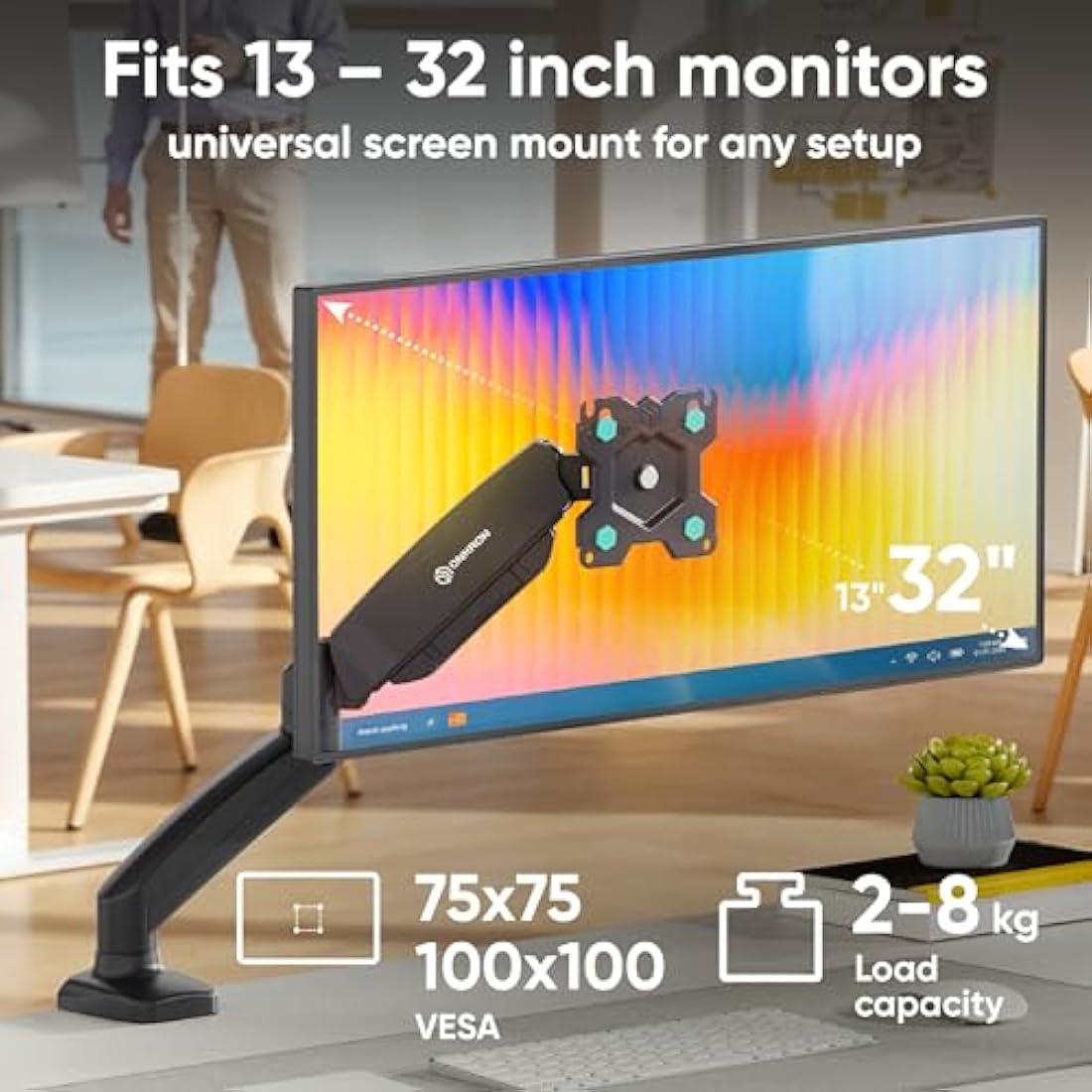 ONKRON Single Monitor Arm Desk Mount for 13-32 Inch Screen up to 8 kg, Gas Spring Monitor Stand for Desk with VESA 75x75 - VESA 100x100 - Screen Mount Desk Full Motion Black, G80-B