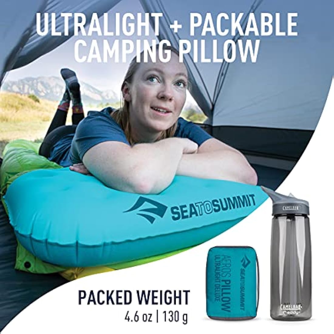 Sea to Summit - Aeros Ultralight Deluxe Pillow XL - Lightweight Inflatable Travel Pillow - Lock System - Ultra-Sil Zippered Pouch - For Camping & Bikepacking - 56 x 36 x 14cm - Aqua Blue - 130g