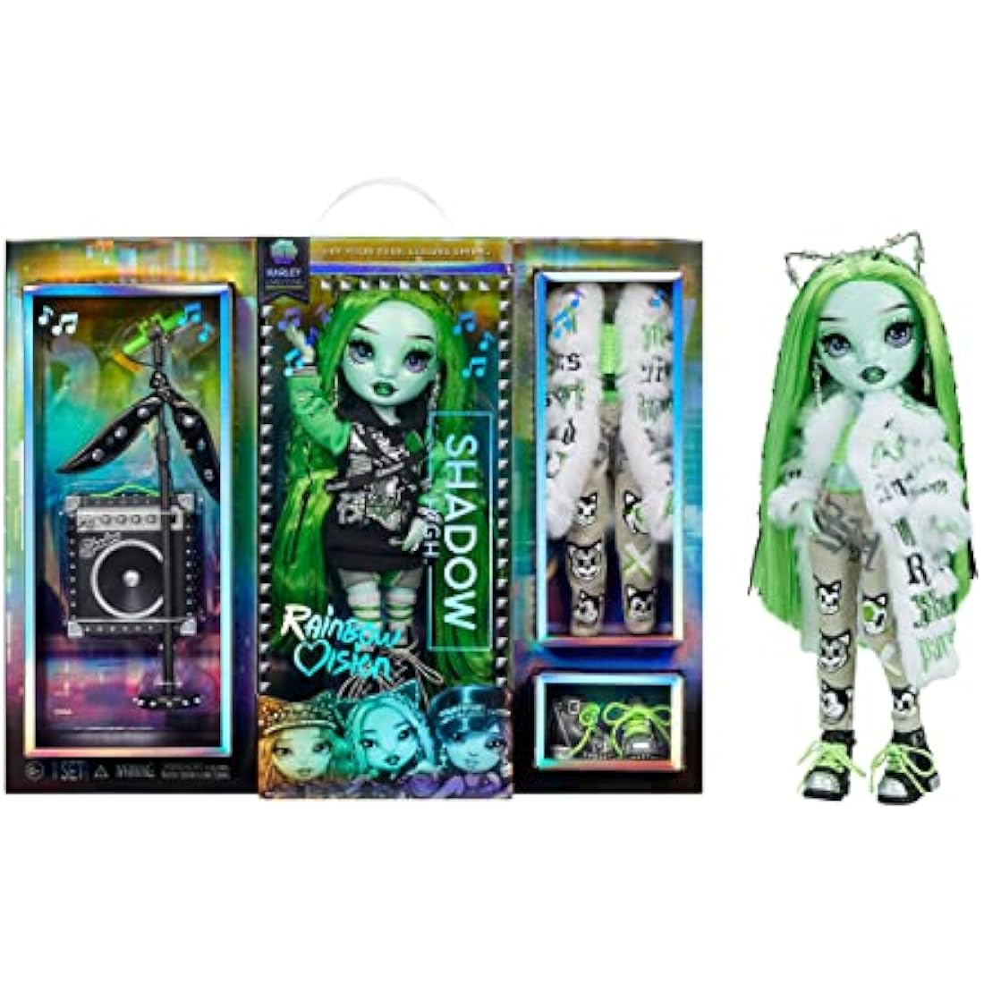 Shadow High Rainbow Vision Neon Shadow - HARLEY LIMESTONE - Neon Green Fashion Doll, Mix & Match Designer Outfits and Rock Band Accessories Playset - For Kids and Collectors Ages 6+
