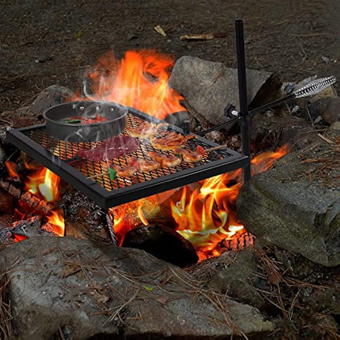 REDCAMP Swivel Campfire Grill Heavy Duty Steel Grate, Over Fire Camp Grill with Carrying Bag for Outdoor Open Flame Cooking (Black)