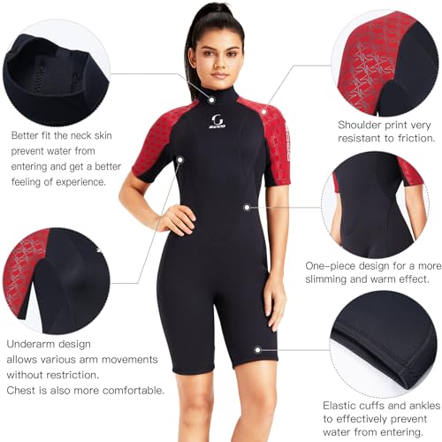 Wetsuit Womens Back Zipper Short Wetsuit Men 3mm Neoprene Short Sleeve Wetsuit for Surfing Swimming Kayaking Snorkeling Canoeing Scuba Diving (Red)