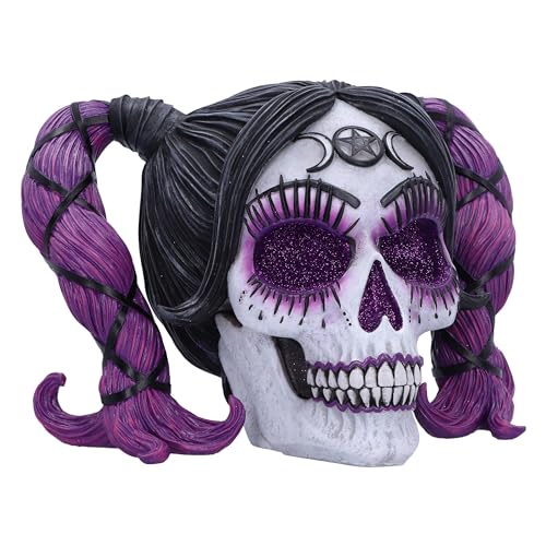 Nemesis Now Drop Dead Gorgeous Myths and Magic Figurine 20.5cm, Resin, Voodoo Doll Skull Ornament, Female Skull with Purple Hair and Glitter Eyes,