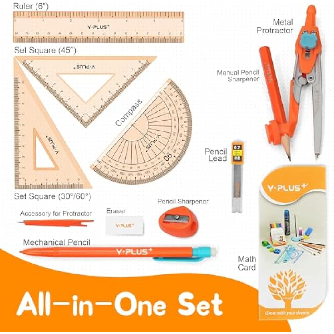 YPLUS Geometry Set for Students, Math Protractor Compass with Rulers, Box of Protactor Kit for Class Supplies and School, 12 Pcs