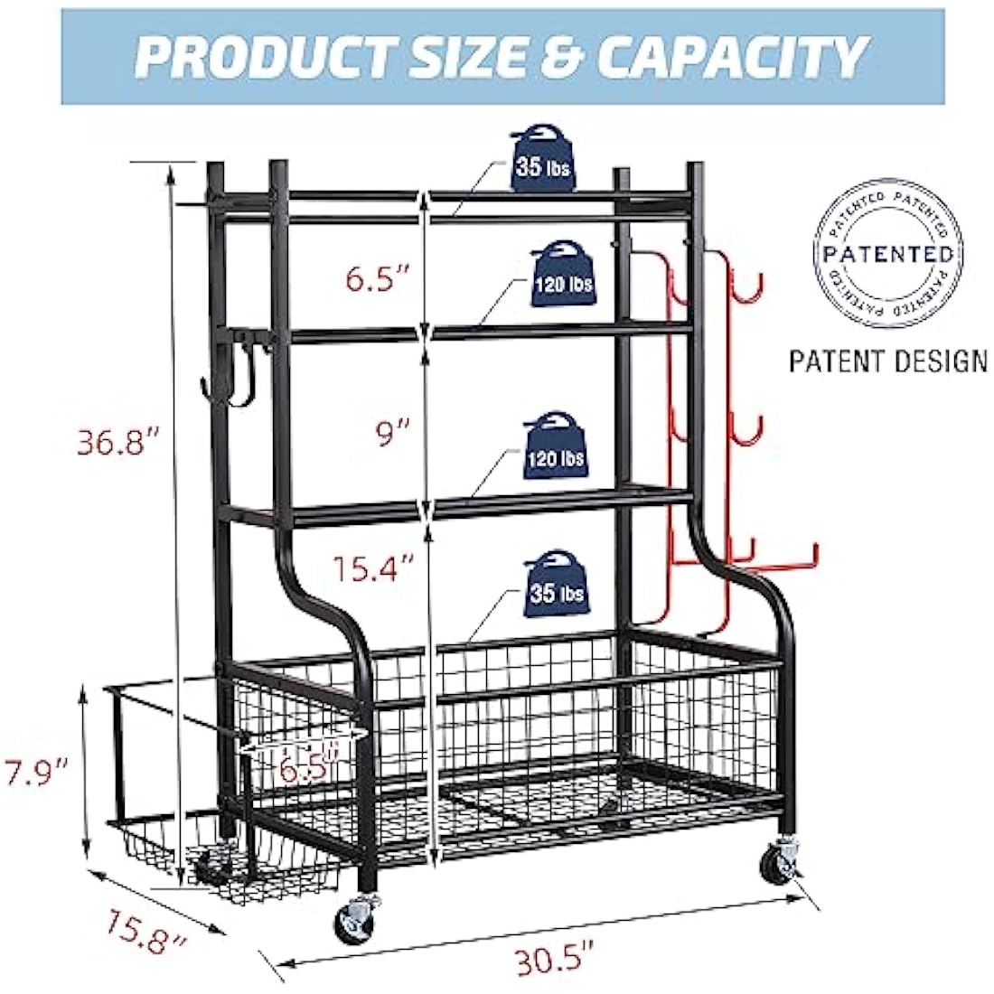Mythinglogic Dumbbell Rack Stand, Multifunctional Weight Rack for Dumbbells, Yoga Mat, Fascia Roller, Kettlebell and Yoga Block, Powder-Coated Steel Dumbbell Stand with Wheels and Hooks