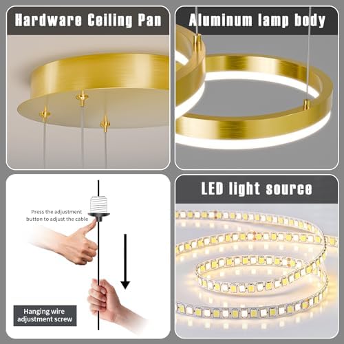 Mikeru 40+60+80cm Minimalist Pendant Lights, Dimmable 10% to 100% Gold Height Adjustable Pendant Lights with Memory Function 3000K/4500K/6500K LED Pendant Lights for Kitchen Island