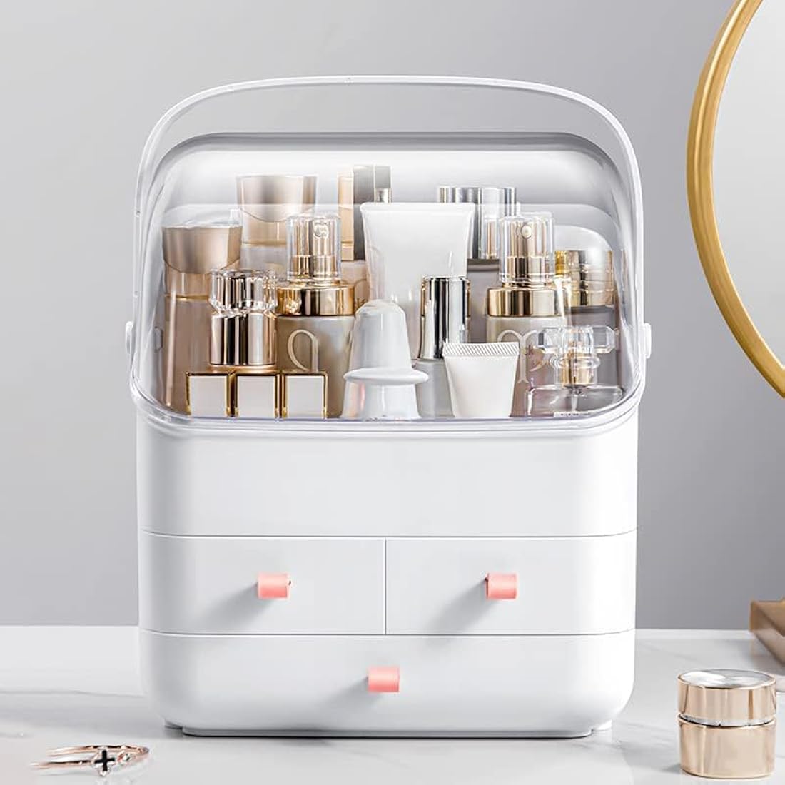 LINFIDITE Cosmetic Storage Box with Lid Makeup Organizer Box with Dust Free Cover Portable Handle,Large Makeup Display Case with Drawers Fully Open Lid,Great for Bathroom Countertop Bedroom Dresser