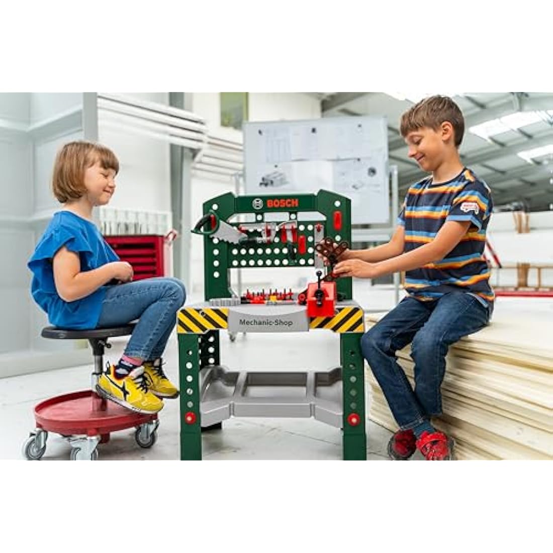 Theo Klein 8574 Bosch Workbench with 77 Parts I With Screwdriver and Spanner, Pliers, Hammer and Much More I Work Surface with Learning Function I Dimensions: 57 cm x 35 cm x 86 cm