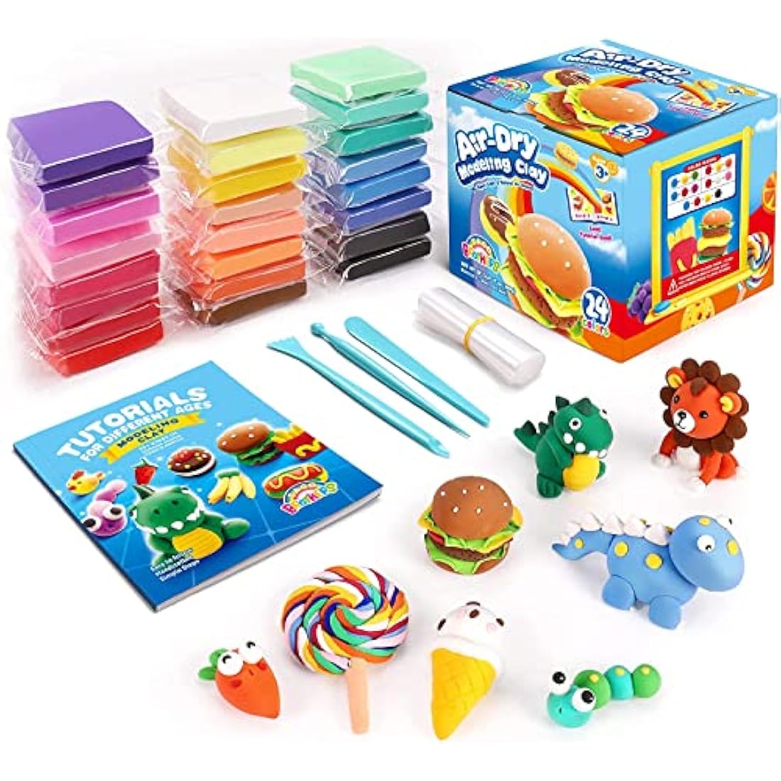 SAGO BROTHERS Air Dry Clay, 24 Colors Modelling Clay with 3 Tools & Project Booklet, Ultra Soft Light, DIY Creative Gifts, Arts and Crafts Kits for Kids Boys Girls Toys