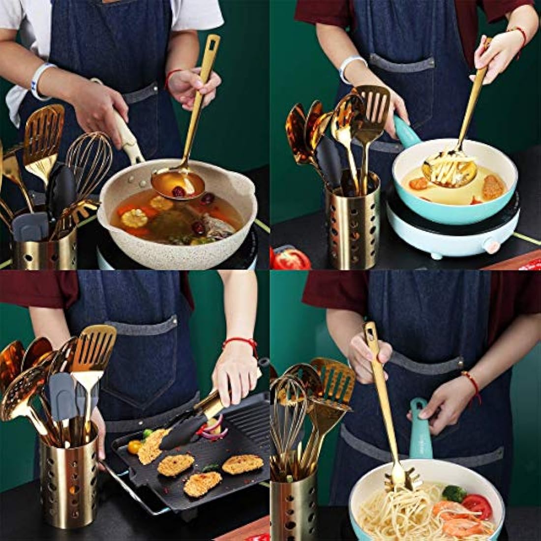 Berglander Gold Cooking Utensils Set, Stainless Steel 13 Pieces Kitchen Utensils Set with Titanium Gold Plating, Kitchen Tools Set with Utensil Holder, Dishwasher Safe, Easy to Clean