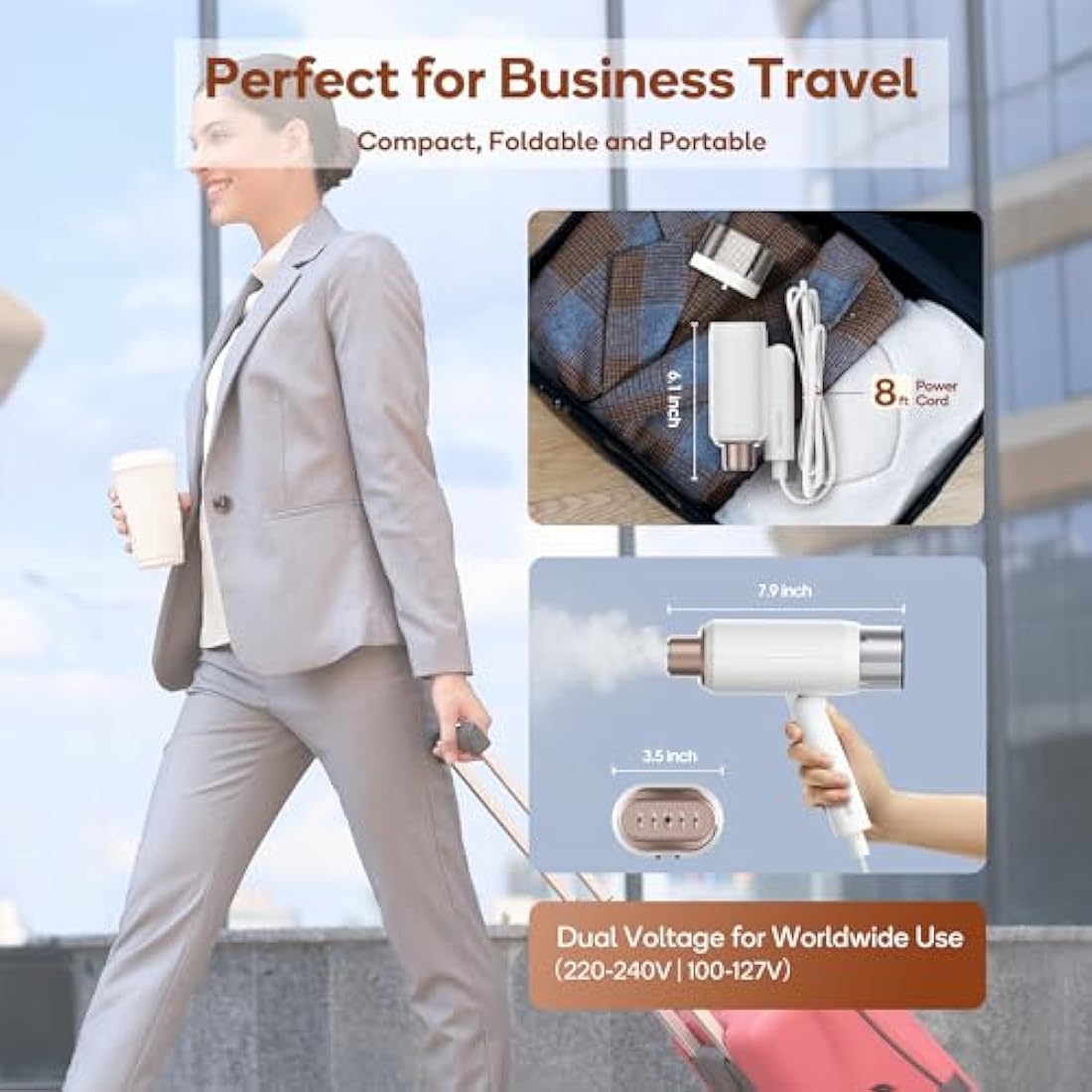 Newbealer Dual Voltage Travel Clothes Steamer - 220V/120V, 1200W Portable Garment Steamer with 180ml Detachable Water Tank, Horizontal & Vertical Steaming, Auto-Off, 20s Fast Heat Up, Gold
