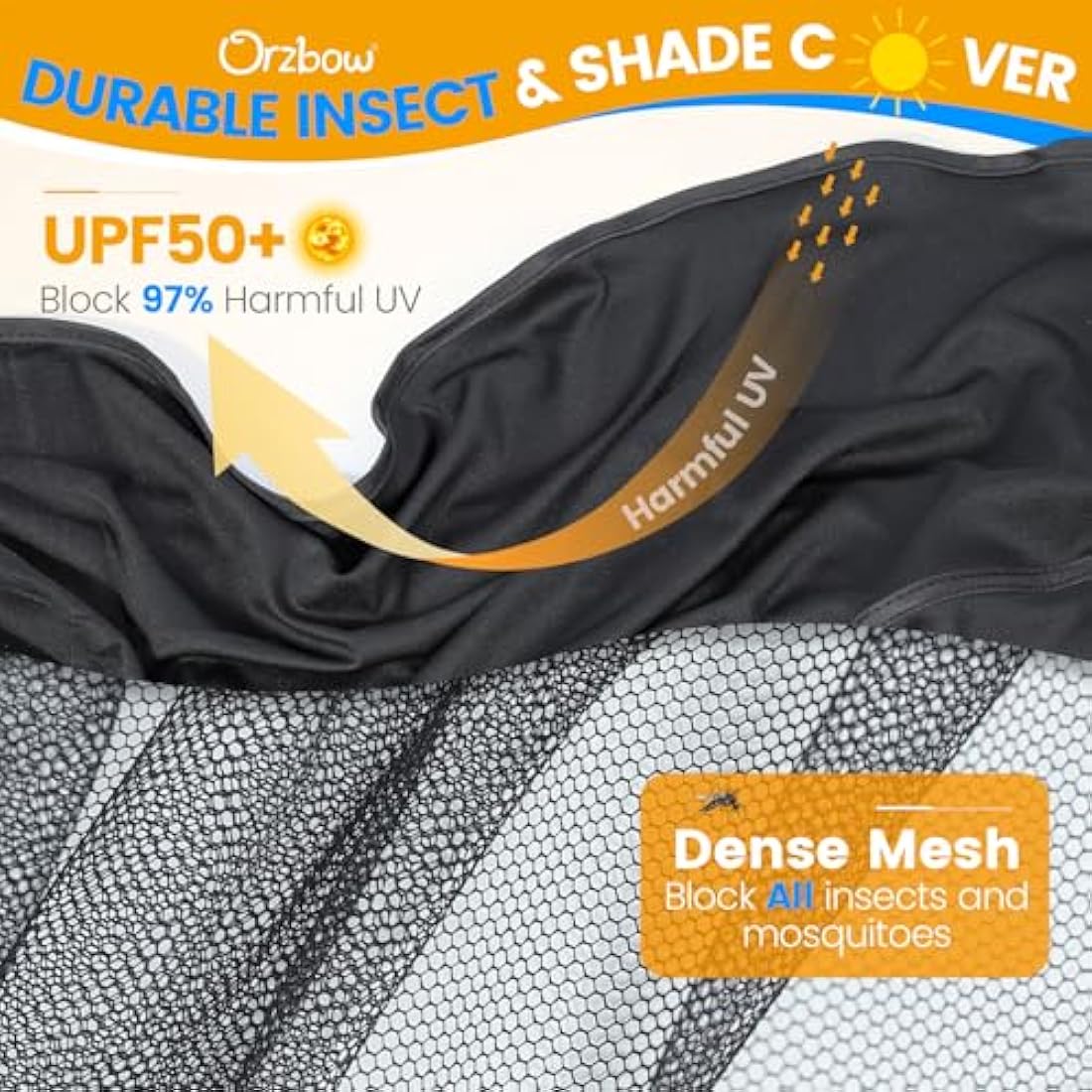 Orzbow Universal Mosquito Net for Pram, Breathable Pram Sun Shade w/UPF 50+, Pram Mosquito Net w/Blackout Cover, Two Way Zipper for Easy Access (Black)