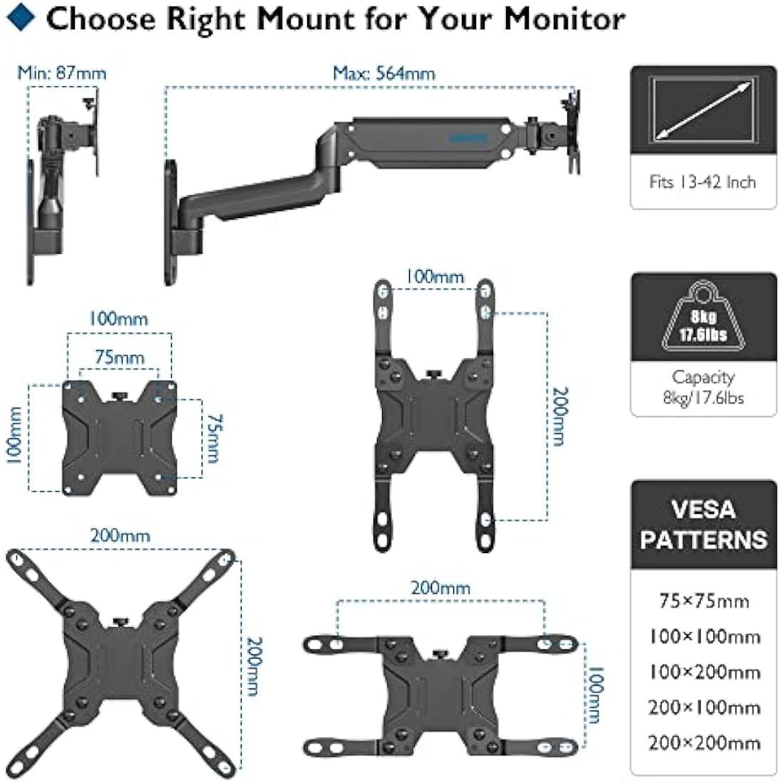 BONTEC Wall Mount for 13-42 Inch Screens, Gas Spring Monitor Arm Holds Up to 8kg, Adjustable Tilt Swivel Mount, Single Arm With VESA Extension Kit Fit VESA 75/100/200