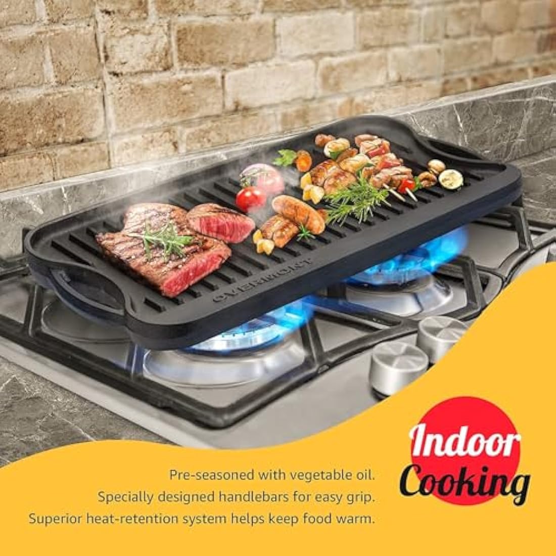 OVERMONT Pre-Seasoned Cast Iron Reversible Griddle Grill Pan with Handles for Gas Stovetop Open Fire Oven, 43.18 * 24.89CM (17x9.8) - One Tray, Scrapers Included