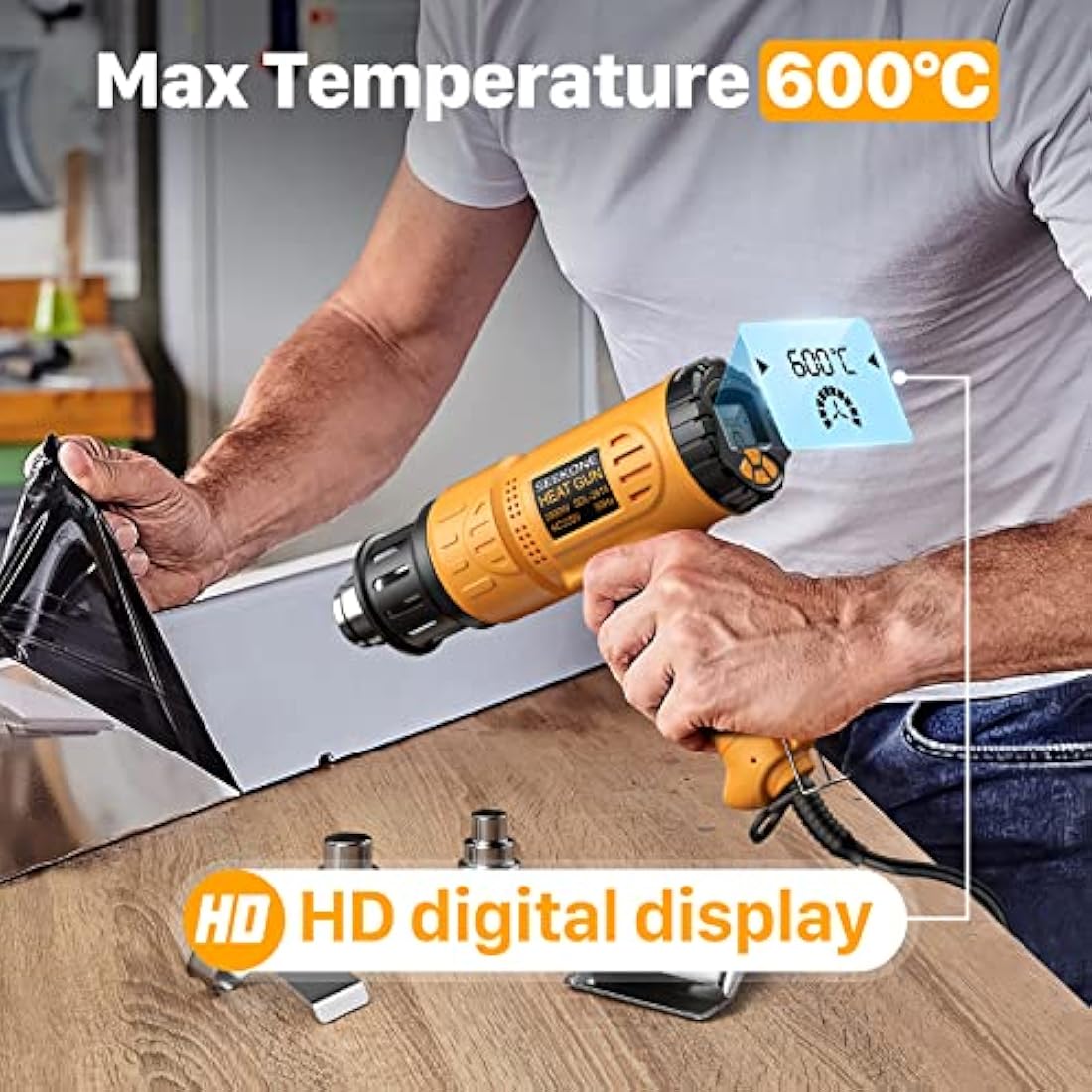 SEEKONE Professional Heat Gun 2000W 50℃- 600℃ with Large Digital LCD Display Industrial Hot Air Gun Kit Variable Temperature Control, Power-On Memory, ℃-℉ Conversion, Power-Off Delay Function