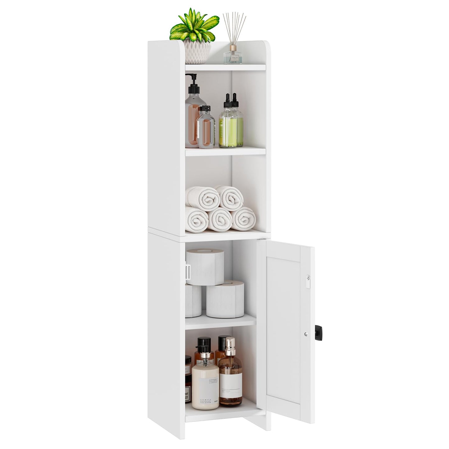 Lomojo Small Bathroom Storage Corner, 7.87''D x 7.87''W x 31.5''H, White, Modern, Adjustable Shelves, Freestanding, Anti-Tip Kit