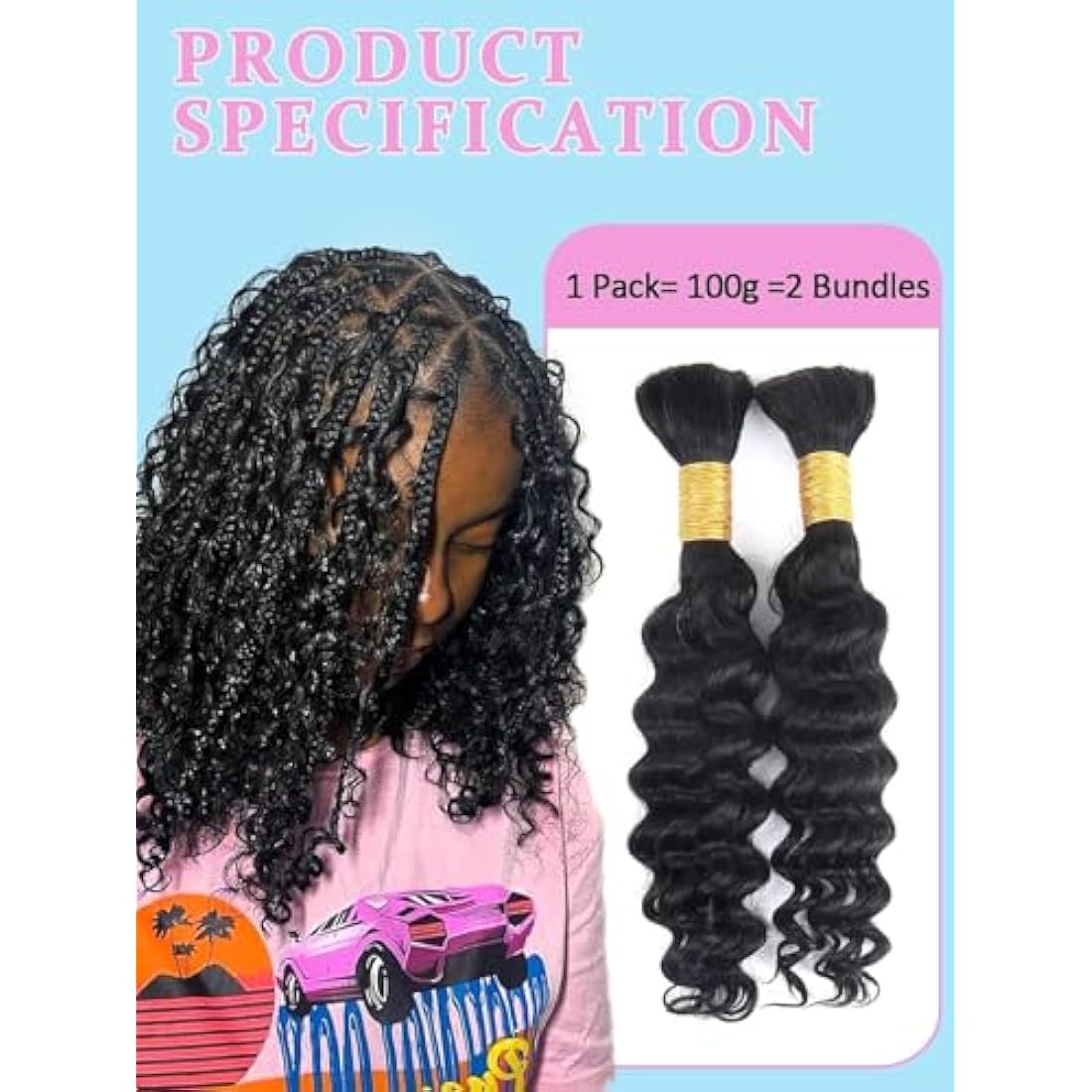 Sexycat Deep Curly Human Braiding Hair for Boho Braids 2 Bundles 16 Inch 100g，#1B Natural Black Water Wave Bulk Human Hair for Micro Braiding Wet and Wavy Bundles Hair Extensions