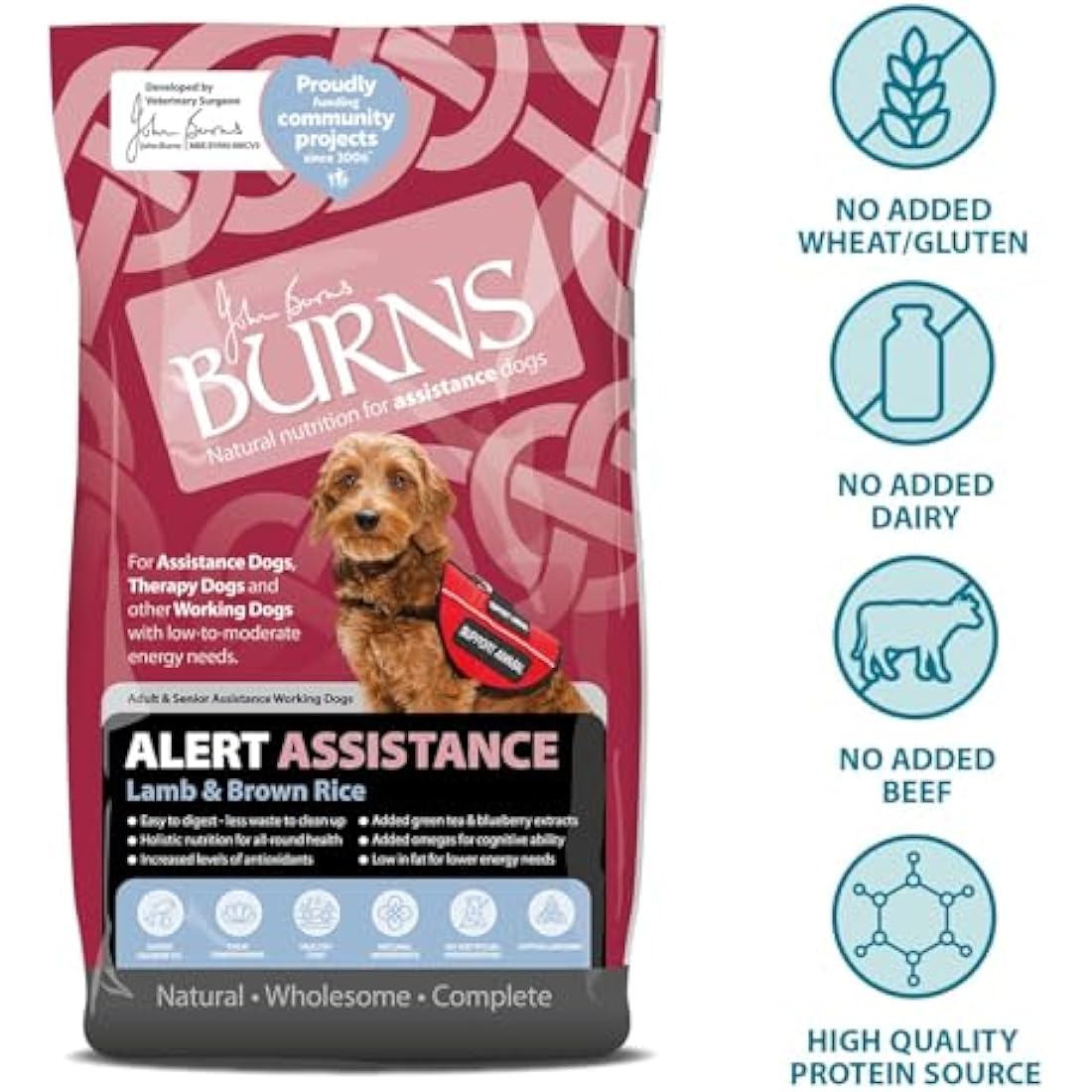 Burns Pet Nutrition Hypoallergenic Complete Dry Dog Food Adult and Senior Dog Alert Lamb and Brown Rice 12 kg