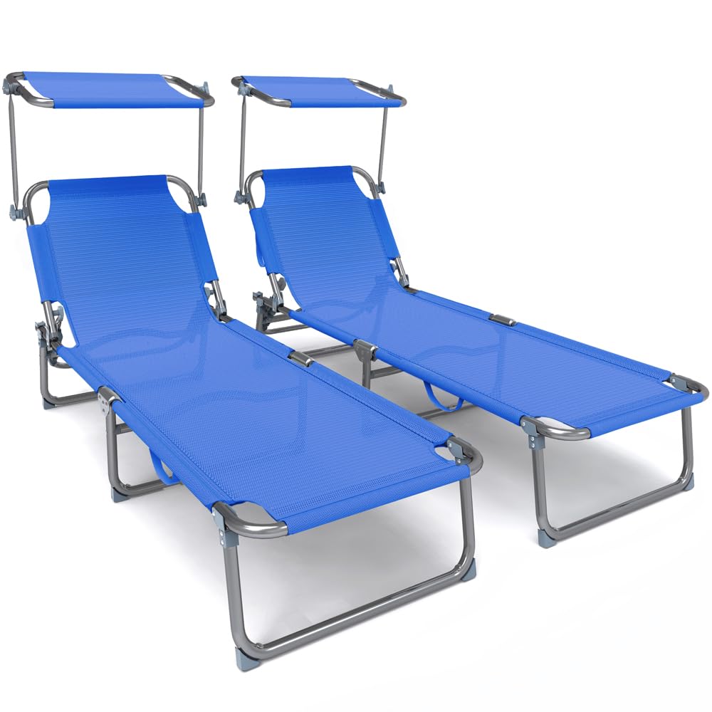 VOUNOT? Folding Sun Loungers Set of 2, Textilene Reclining Sunbed with Adjustable Backrest & Sunshade for Garden, Beach, Patio, Pool, Camp, Load 110