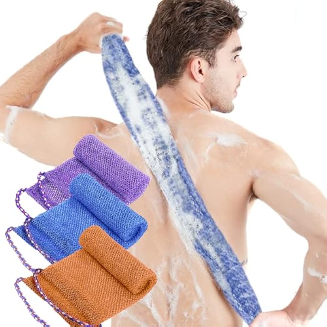 TENQUAN 3 PCS African Exfoliating Net Bath Sponge Exfoliating Body Scrubber Shower Scrubber Skin Smoother for Men Women Clean Clear Exfoliating Daily Wash(Purple Blue Coffee)