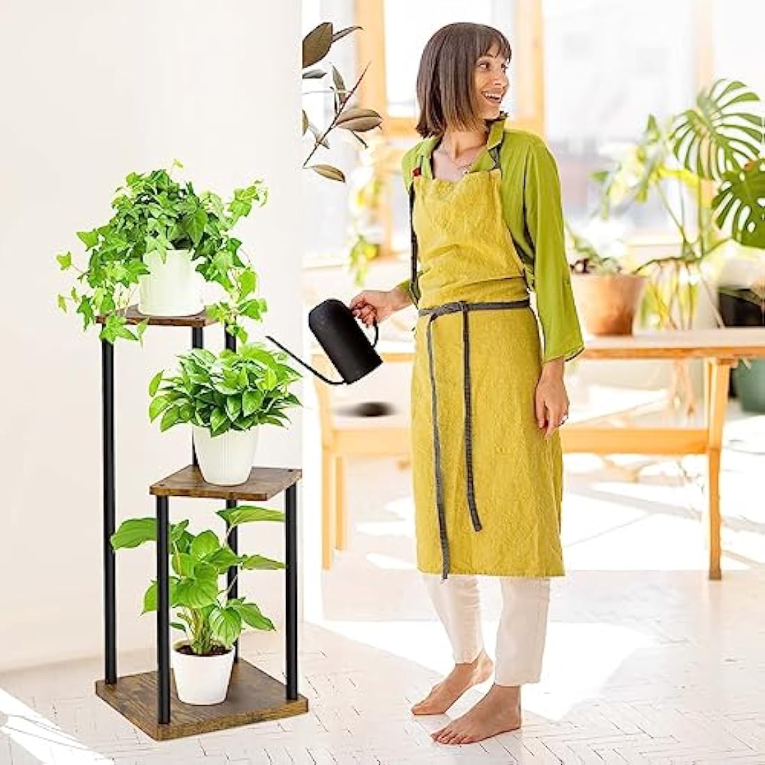 LyTaispuly 3 Tier Plant Stands Indoor Outdoor, Metal Wood Tiered Corner Plant Stand Pot Holder, Wood Flower Shelf Display Rack for Living Room Bedroom Balcony Garden Patio, Black