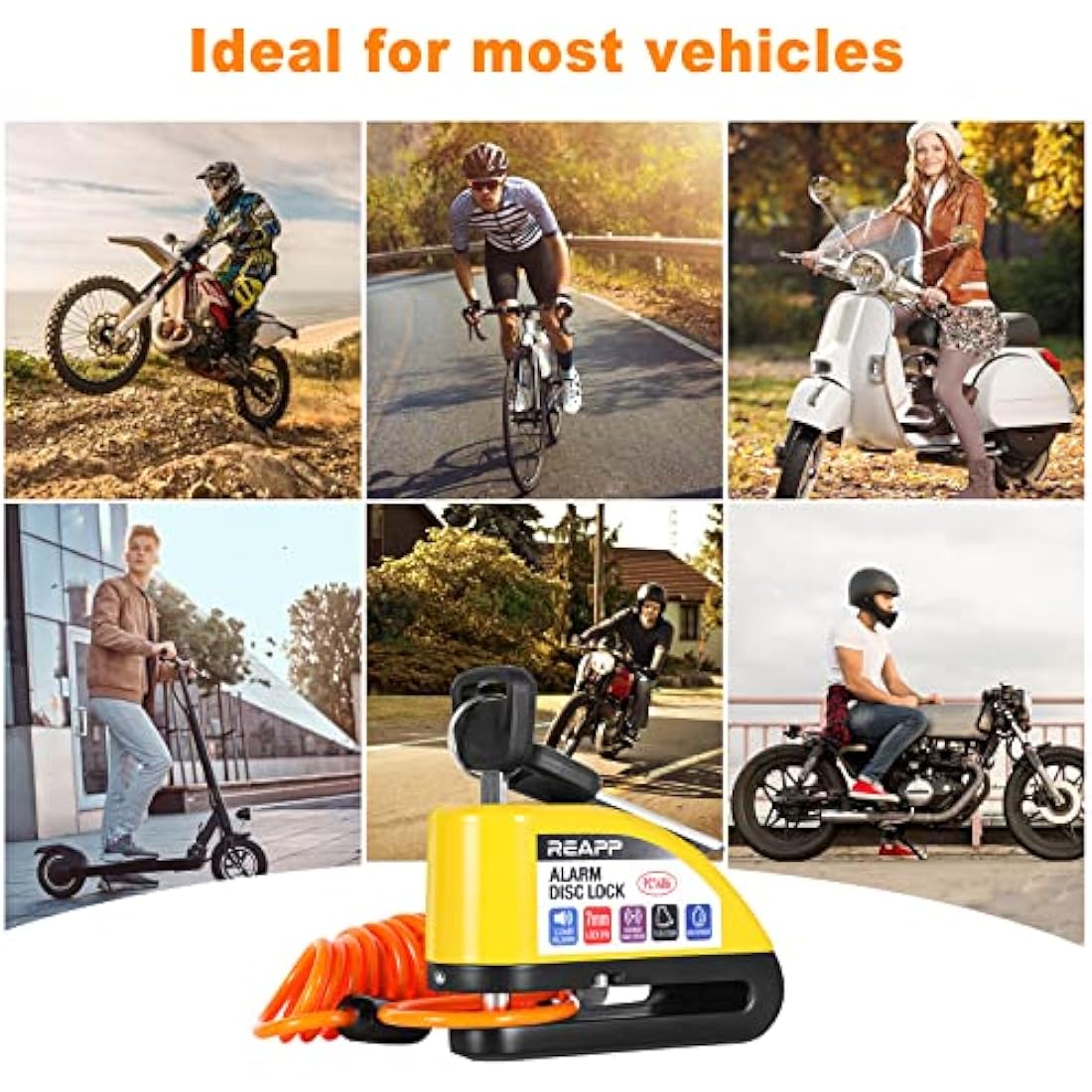 REAPP Alarm Disc Lock Motorbike Lock, Disc Brake Lock 110db with Reminder Cable and Carry Pouch, High Security Disc Lock for Motorcycle Bike Moped Motocross