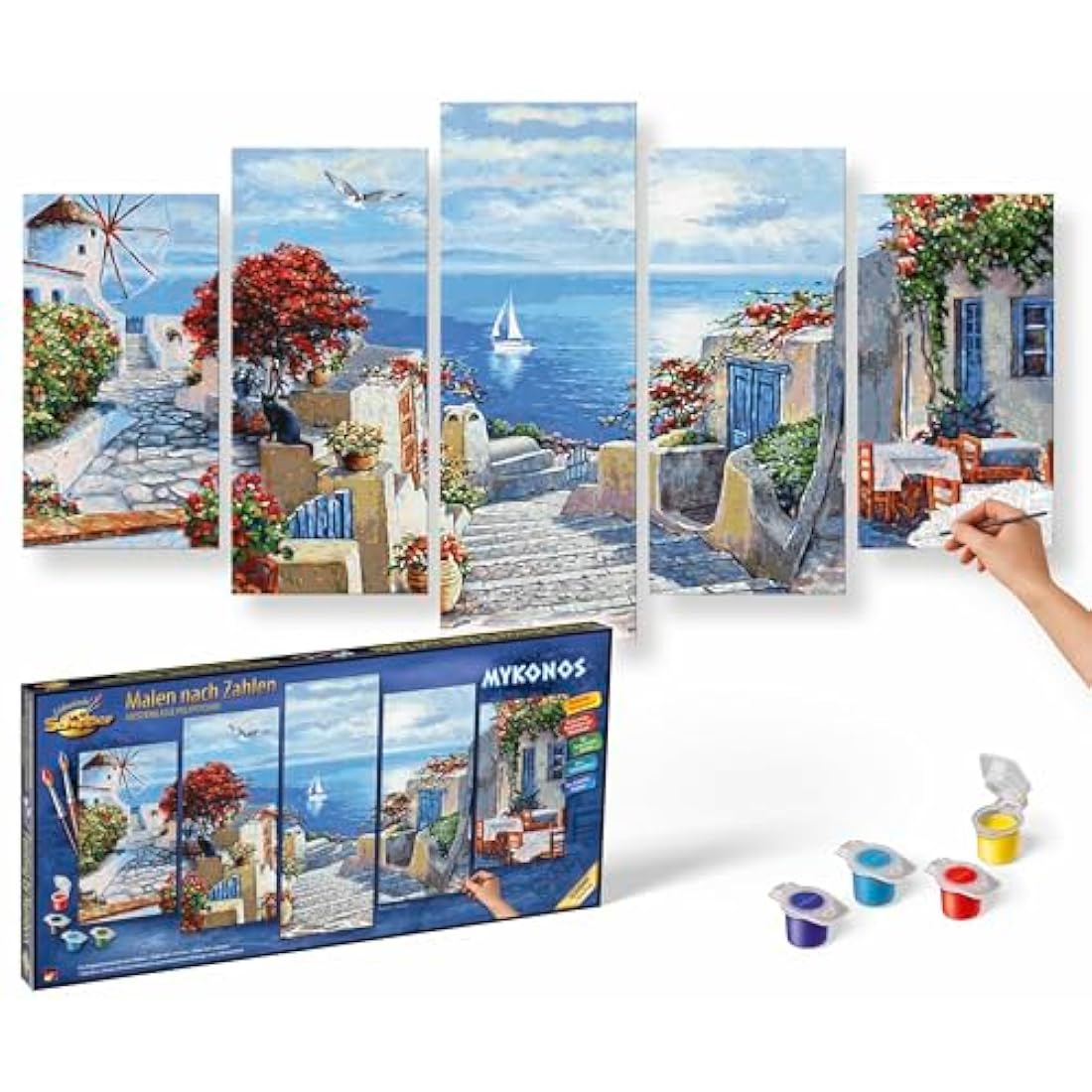 Schipper Mykonos 609450797 Painting by Numbers for Adults, Includes Brush and Acrylic Paints, 5 Pictures, Master Class Polyptych Professional Edition, 132 x 72 cm