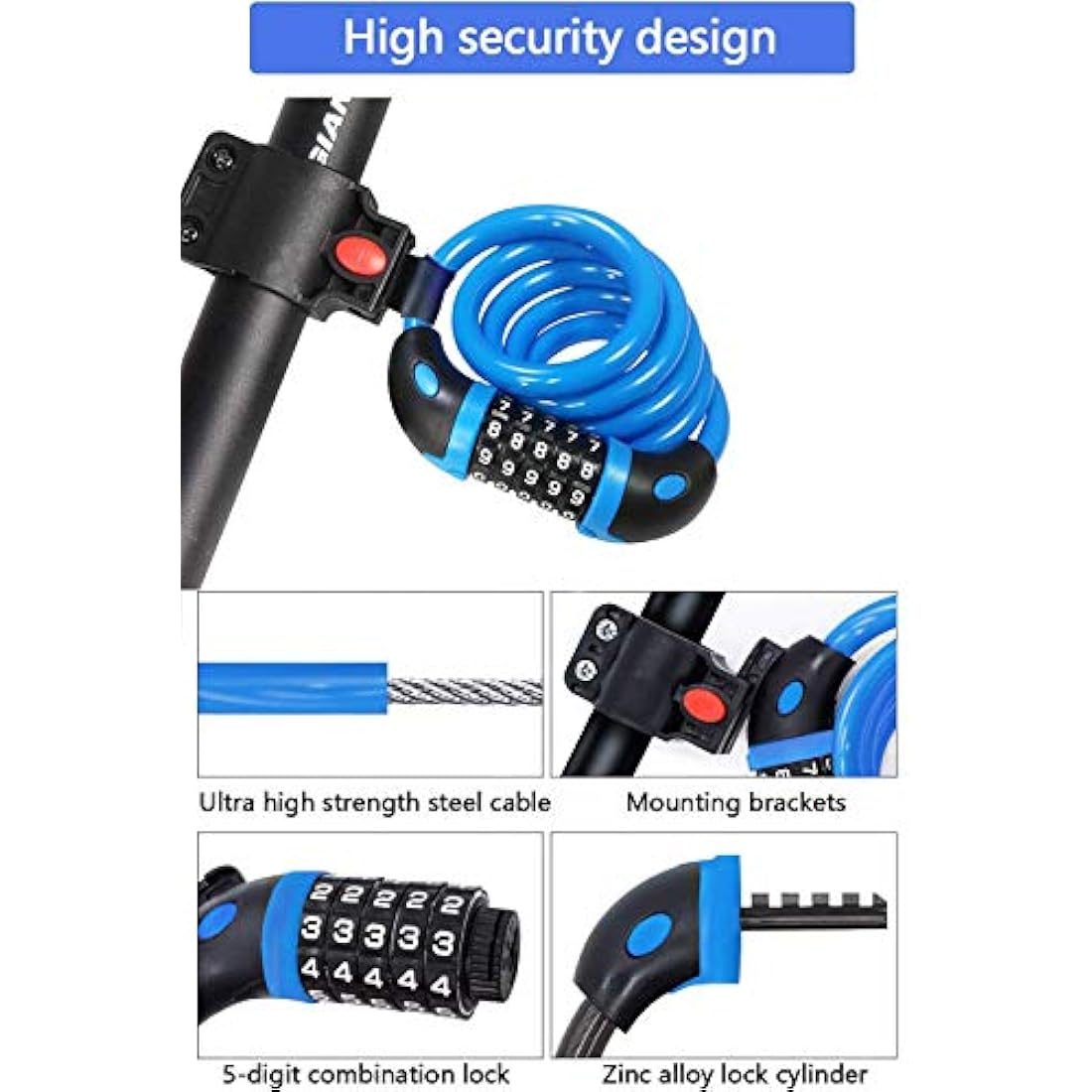 REHKITTZ Bike Lock Bicycle Locker Combination 5 Digit 120cm/12mm Long Cycle Cable Locks Bikes Chain High Security for E-Bike Mountain Bike Outdoor Ski Gate Accessories