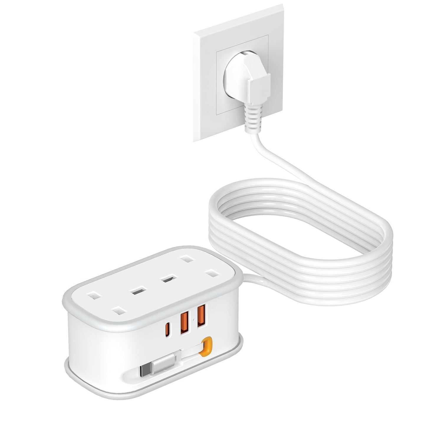UK to European Plug Adapter with 1.5M Extension Cable, BEVA 2 Way 3 USB (2A+1C) Travel Adapter with Retractable USB C Cable for Germany France Spain