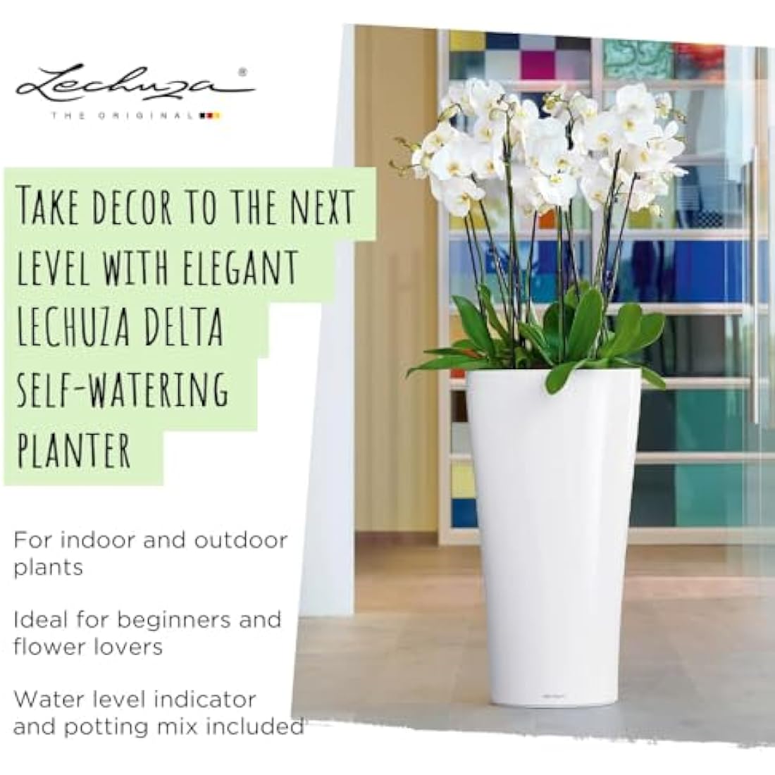 Lechuza Self Watering Plant Pot DELTA 40 Garden Flower Indoor and Outdoor Tall Plastic Planter with Drainage Hole D40 H75 cm Charcoal Metallic