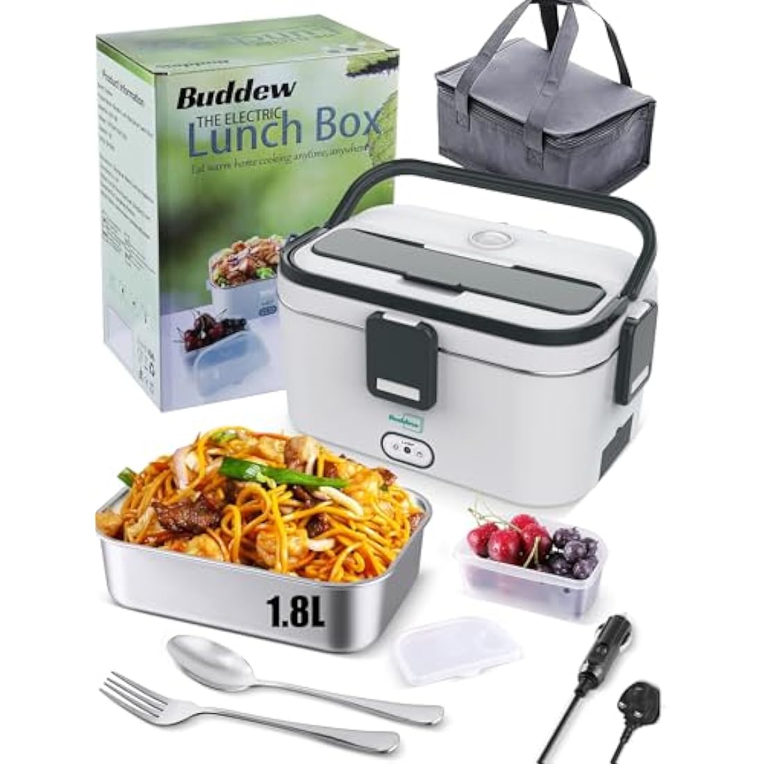 Buddew Electric Lunch Box 80W Food Heater 1.8L Large Capacity Heated Lunch Box 3 in 1 12V/24V/110-230V Portable Lunch Warmer for Car/Truck/Home/Office with Carry Bag and Fork and Spoon (Gray)
