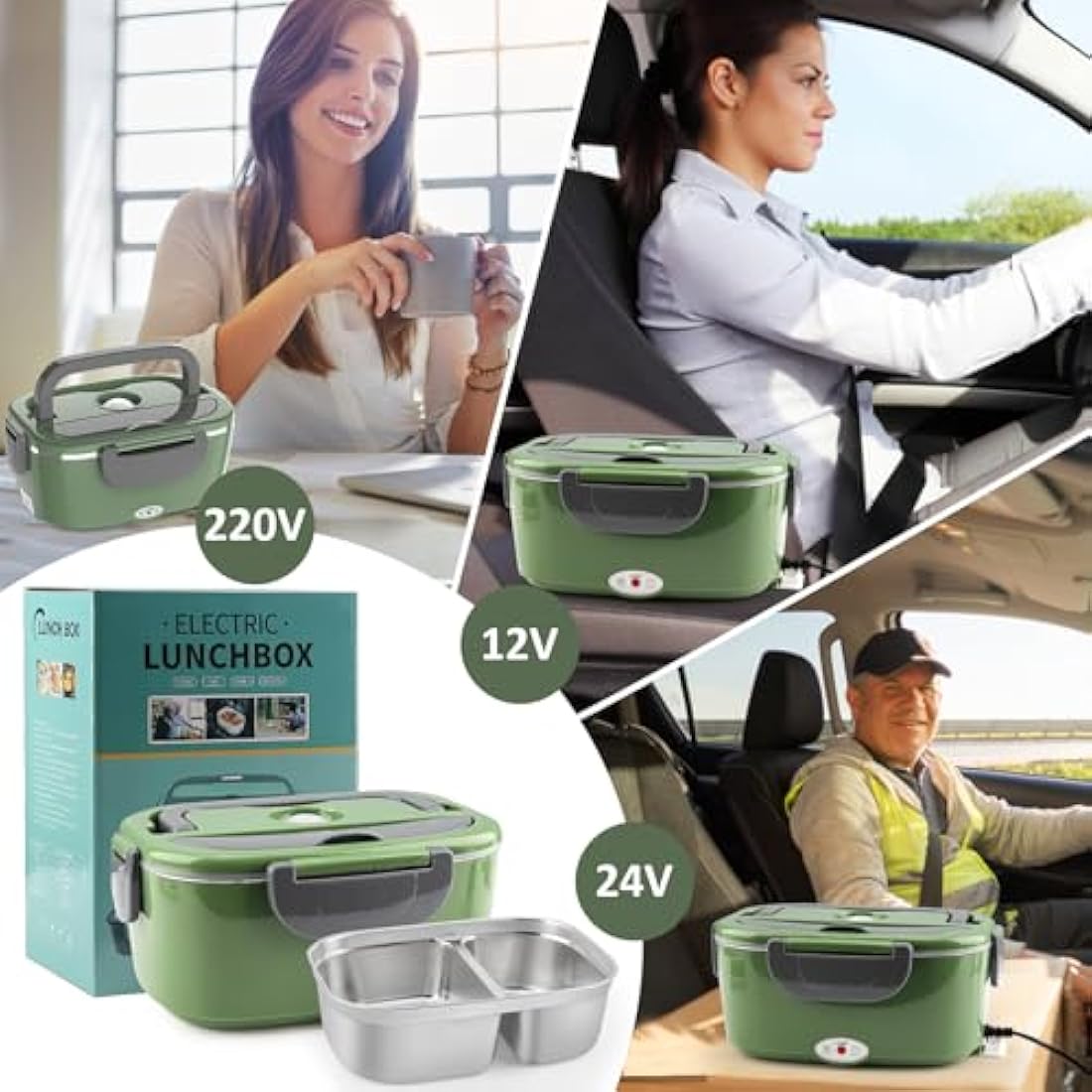 BYbrutek Electric Lunch Box 100W, 1.5L Removable Stainless Steel, 3-in-1 Portable Heated Lunch Box, 12V/24V/220V Insulated Heat Box for Car/Truck/Office/Home (Green, 1.5L)