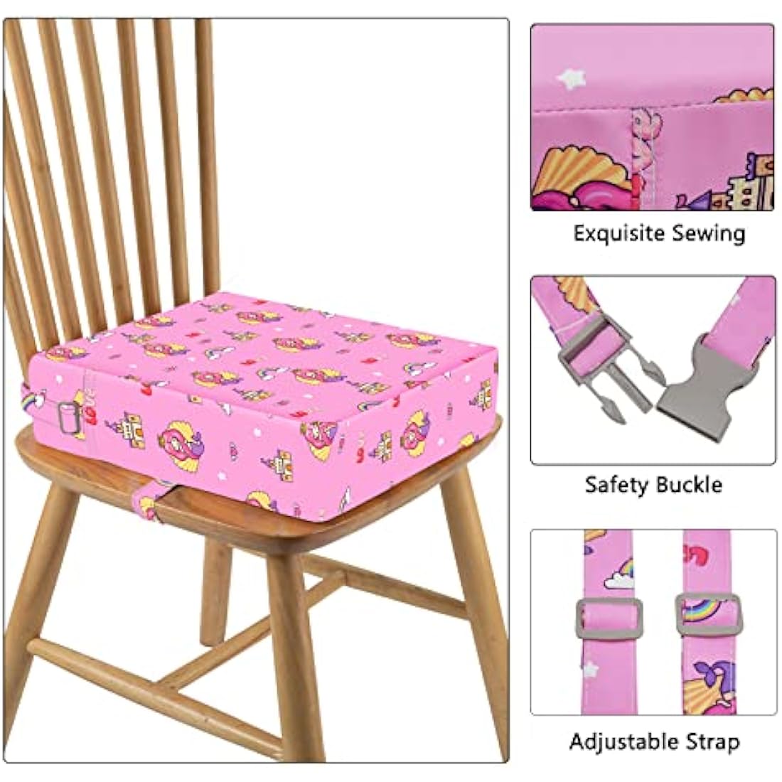 Baby Booster Seat for Dining Table, Stronger Support Non-Slip Bottom Double Safe Straps Booster Seat Dining Chair, Portable Travel Increasing Cushion (Pink)