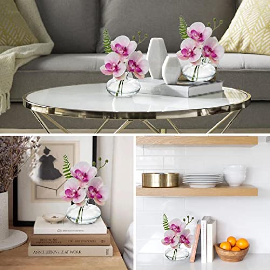 Briful Set of 3 Artificial Orchids in Glass Vase, Pink Orchids Fake Flowers in Faux Water Artificial Flowers for Decoration Artificial Plant for Living Room Bathroom Office Décor