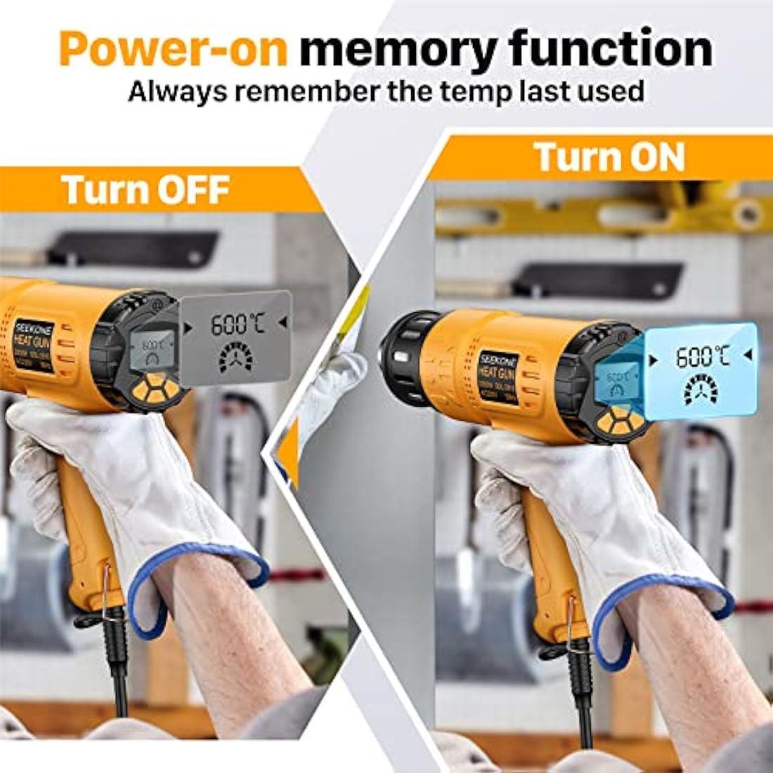 SEEKONE Professional Heat Gun 2000W 50℃- 600℃ with Large Digital LCD Display Industrial Hot Air Gun Kit Variable Temperature Control, Power-On Memory, ℃-℉ Conversion, Power-Off Delay Function