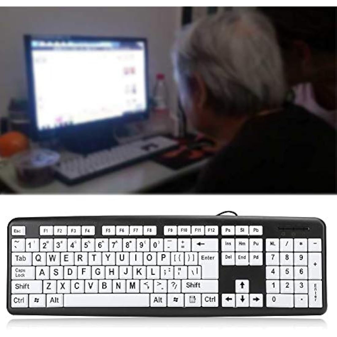 Large Print USB Wired Computer Keyboard (White Large Print Keys) Great for Visually Impaired Individuals - Senior Citizens in Low and Dim Lighted Areas(Black)