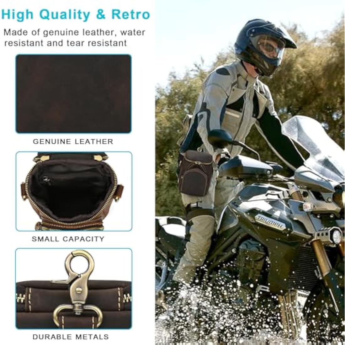 Mini Mens Genuine Leather Messenger Shoulder Bag Motorcycle Bike Riding Cycling Multi Waist Fanny Pack Small Leather Leg Bag for Wallet Coin Key iPhone, 9391 Dark Brown