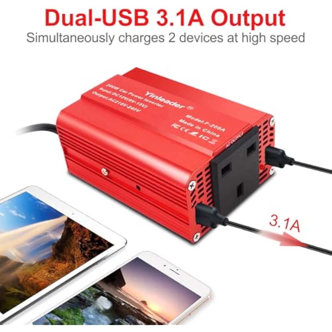 Yinleader Power Inverter 200W 12V to 240V UK Socket Dual USB DC TO AC Converter Car Cigarette Adapter