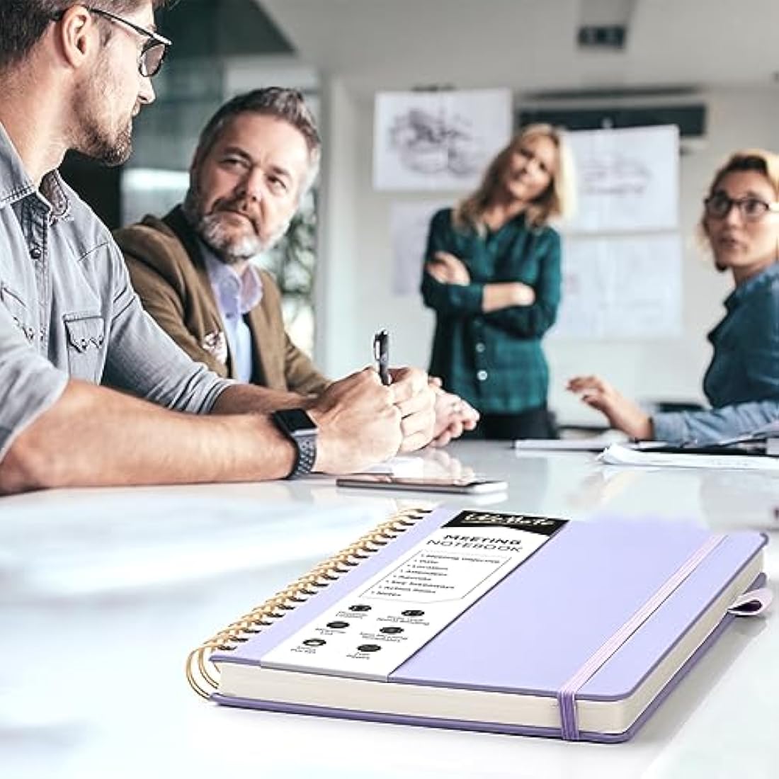 WEMATE Meeting Notebook B5 (7"x10") - PU Leather Planner Notebook with Agenda, Action Items & Notes - 200 Pages for Men&Women, Staff and Students, Meeting, Projects Planning - Light Purple