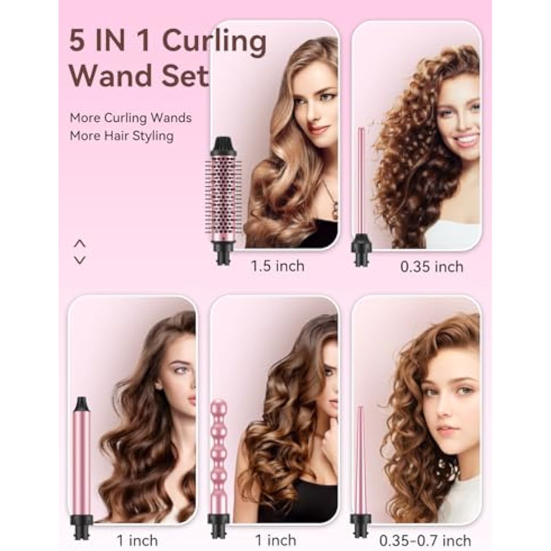 LANDOT 5-in-1 Curling Wand with Thermal Brush: Curling Iron Tongs Set & 4 Interchangeable Ceramic Barrels (9-32mm) - Adjustable Temp Instant Heat Up Long Lasting Curls