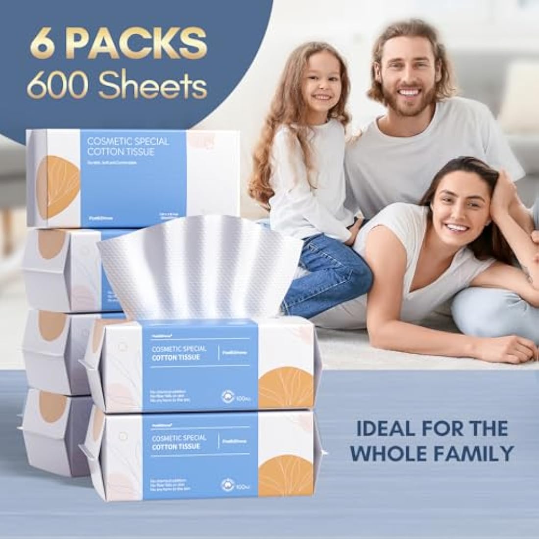 PoeticEHome Cotton Face Tissue 6 Pack, Ultra Soft Dry Wipes Disposable, Cosmetic Facial Cleansing Towel for Makeup Removing, Baby Care, Surface Cleaning (600 Count)