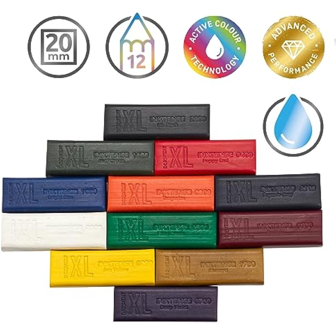 Derwent Inktense XL Blocks 12 Tin, Set of 12, 60mm Extra-Large Block, Water-soluble, Ideal for Sketching, Drawing and Expressive Mark Making, Professional Quality, 2306162