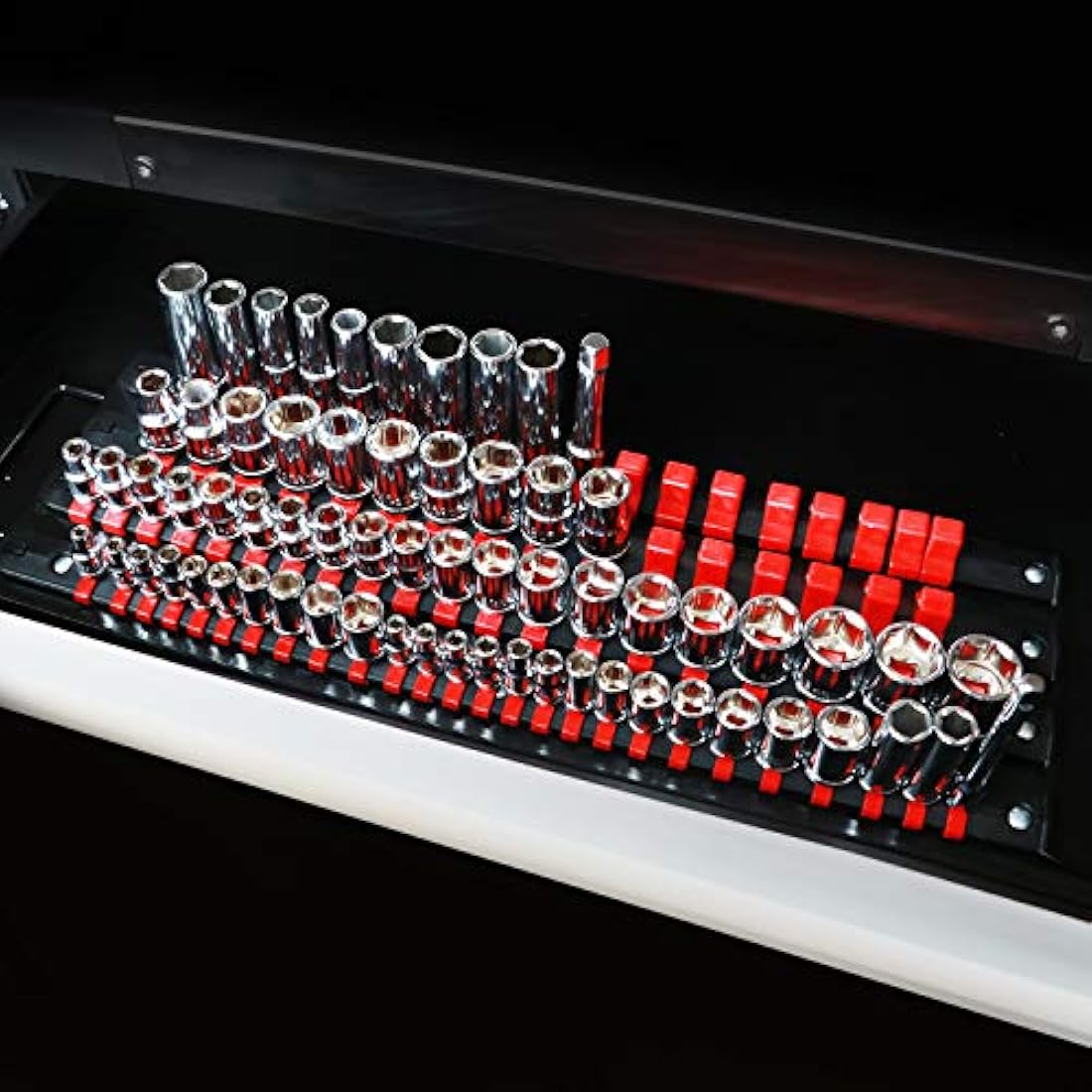 CASOMAN 80-Piece Portable Socket Organizer Tray, 1/4-Inch, 3/8-Inch, 1/2-Inch Tool Trays, Heavy Duty Socket Organizers Rack, Black Rails with Red Socket Holders