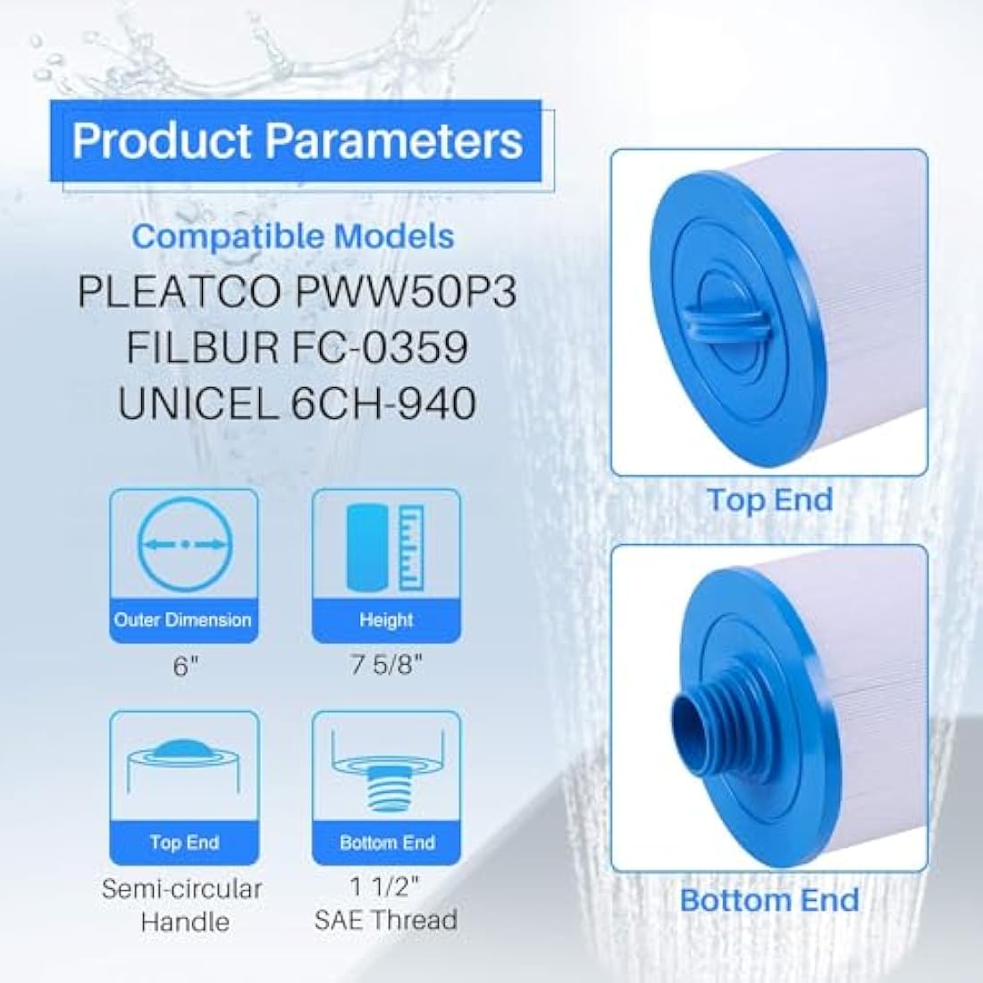 POOLPURE Spa Filters for Hot Tub, Replacement for Unicel 6CH-940, Pleatco PWW50P3, PWW50-P3, Filbur FC-0359, Waterway Plastics 817-0050, 25252, 378902, 03FIL1400, 2 Pack