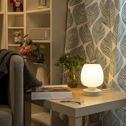 ONEWISH Touch Bedside Table Lamp Set of 2 - Small Modern, 3-Way Dimable Desk lamp with White Opal Glass Lamp Shade, 3000K LED Bulb, Simple Design Home Décor for Bedroom Living Room Nightstand