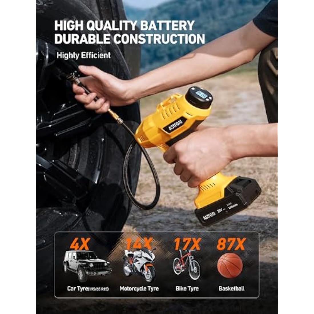 AstroAI Cordless Tyre Inflator Air Compressor, 12V DC and 20V Rechargeable Battery Dual Power 160PSI Portable Handheld Car Tyre Pump with Digital Pressure Gauge for Car Motorcycle Bicycle Ball