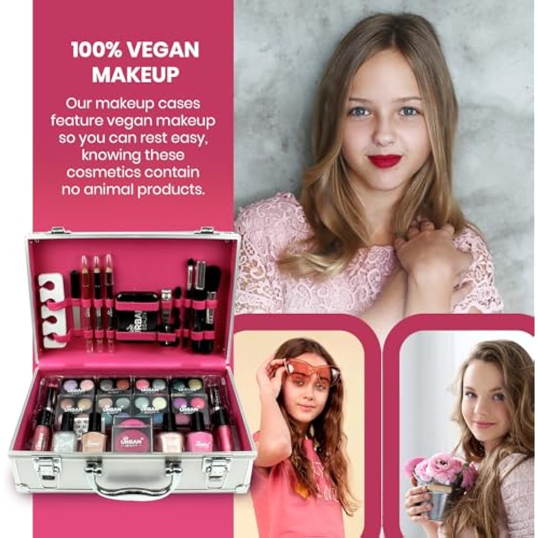 LOVE URBAN BEAUTY Dazzling Makeup Case – 60-Piece Vegan Makeup Set for Teenagers – Elegant Silver Box – Compact and Lightweight Design – Travel-Friendly Women’s Makeup Set